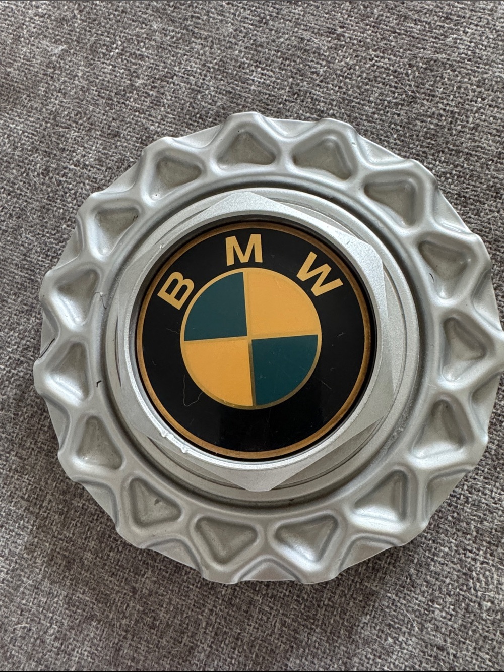 BMW 323is Silver Hubcap Center with Black, Gold, Teal Emblem